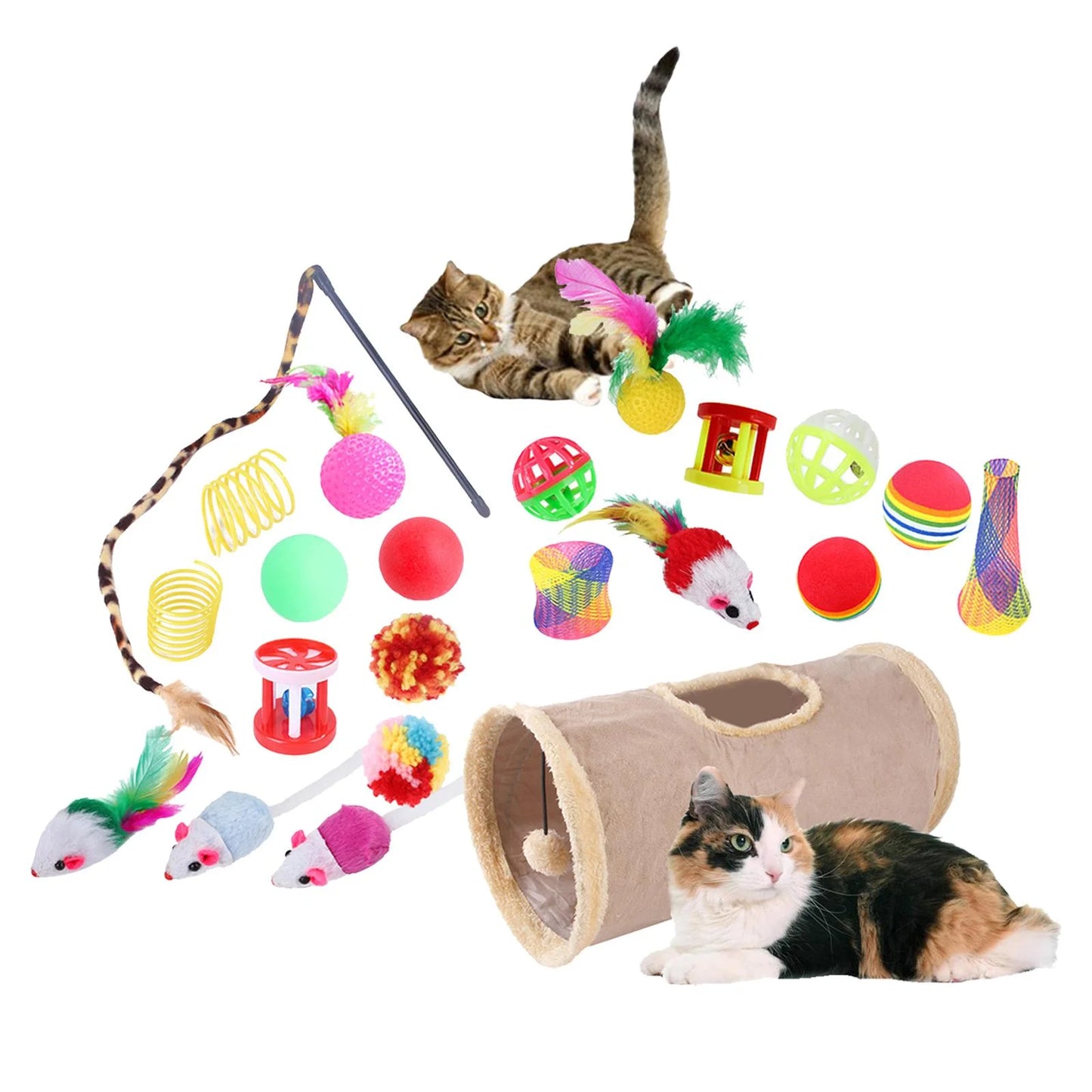 22 Piece Cat Toys Kitten Toys Assortments Tunnel Mice Interactive Colorful Balls Toy Set for Cat Entertainment Toy Exercising , Khaki A-Khaki-22Pcs