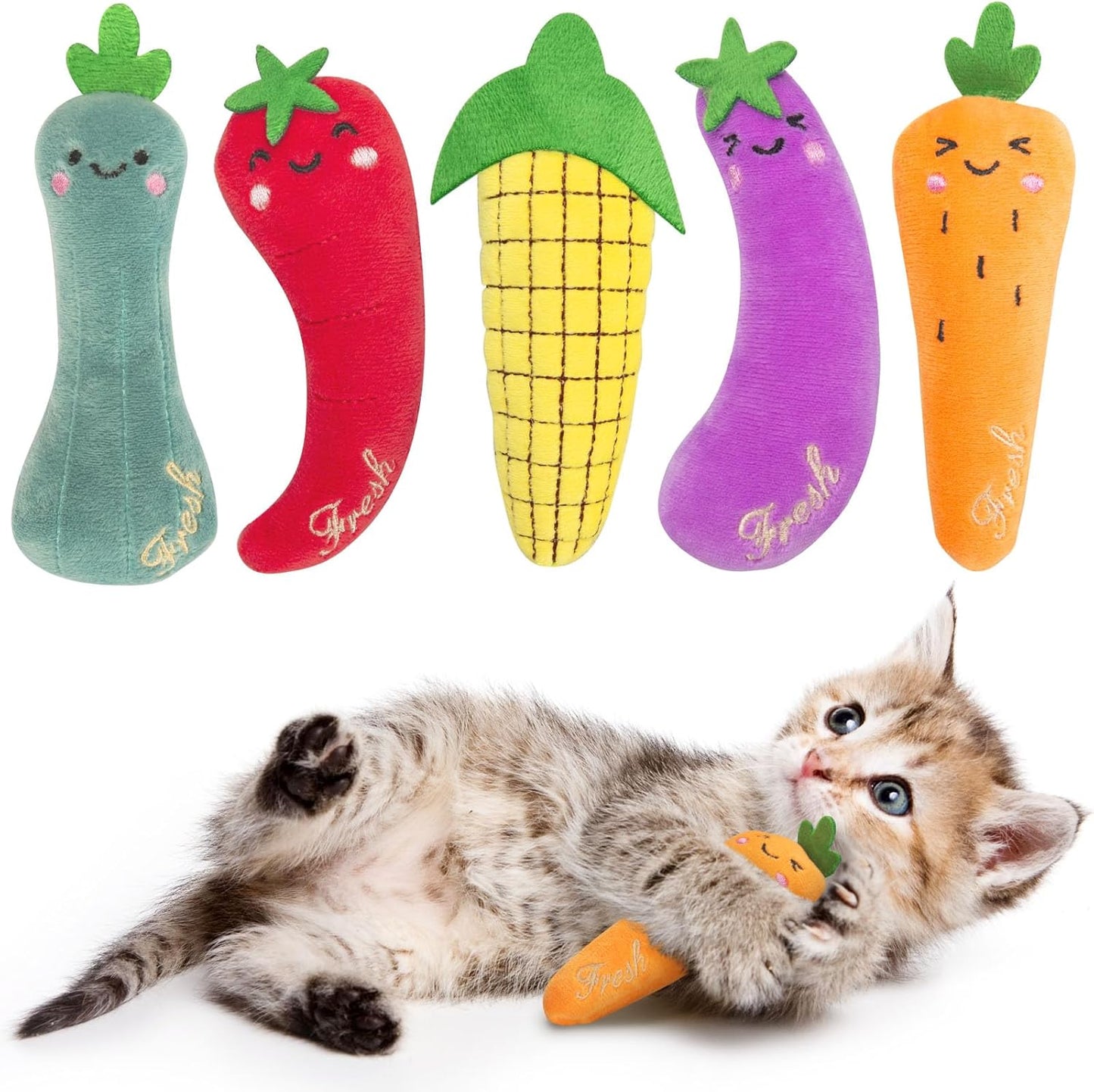 Catnip Cat Toys, 5 Pack, Vegetable Shap Cat Nip Toys for Indoor Cats Kitten Chew and Exercise, Interactive Kitty Kicker Plush Toy
