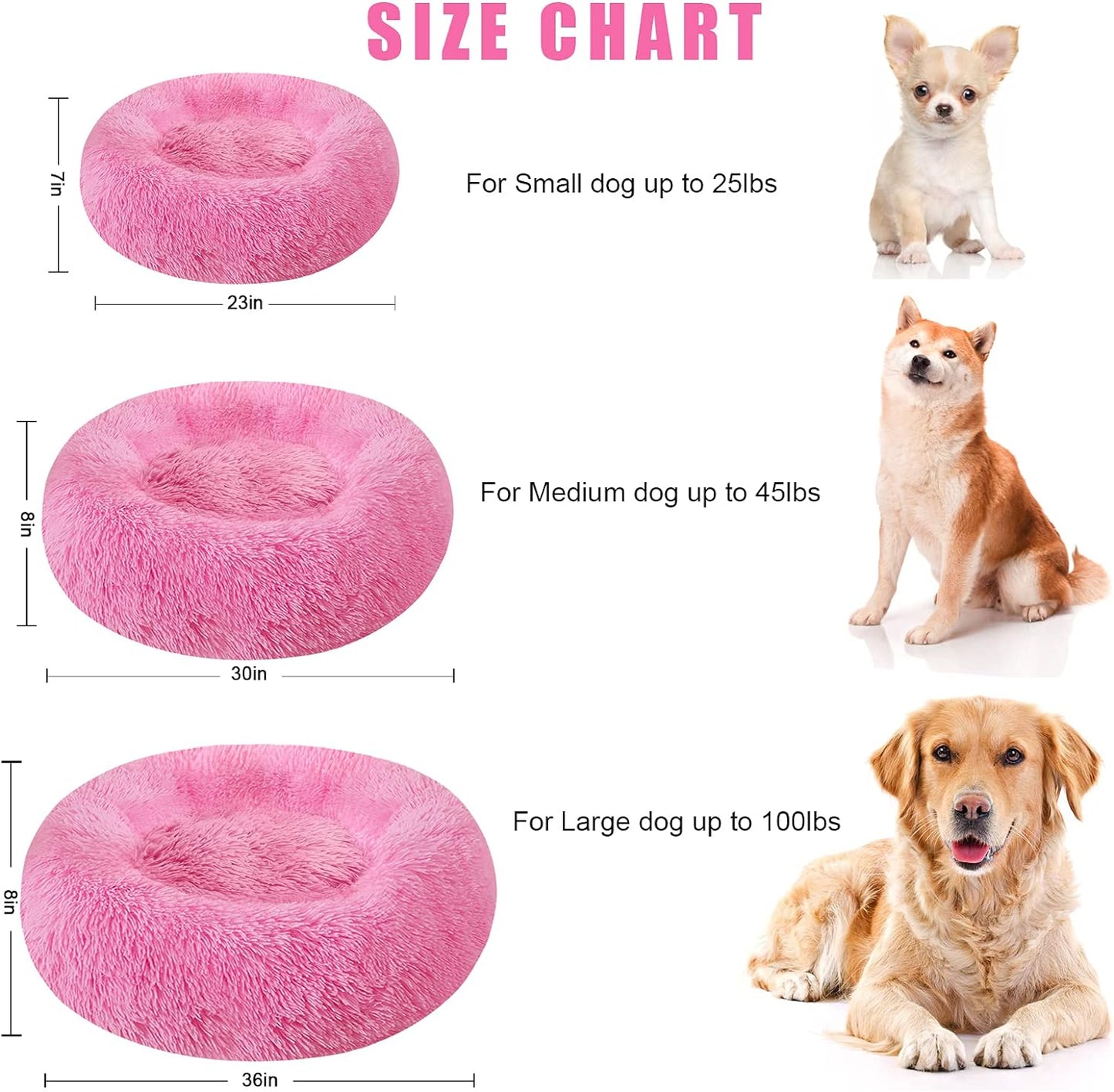 Dog Bed & Cat Bed, Calming Anti-Anxiety Donut Dog Cuddler Bed, Machine Washable round Pet Bed, Comfy Faux Fur Plush Dog Cat Bed for Small Medium Large Dogs and Cats (30" X 30", Pink)