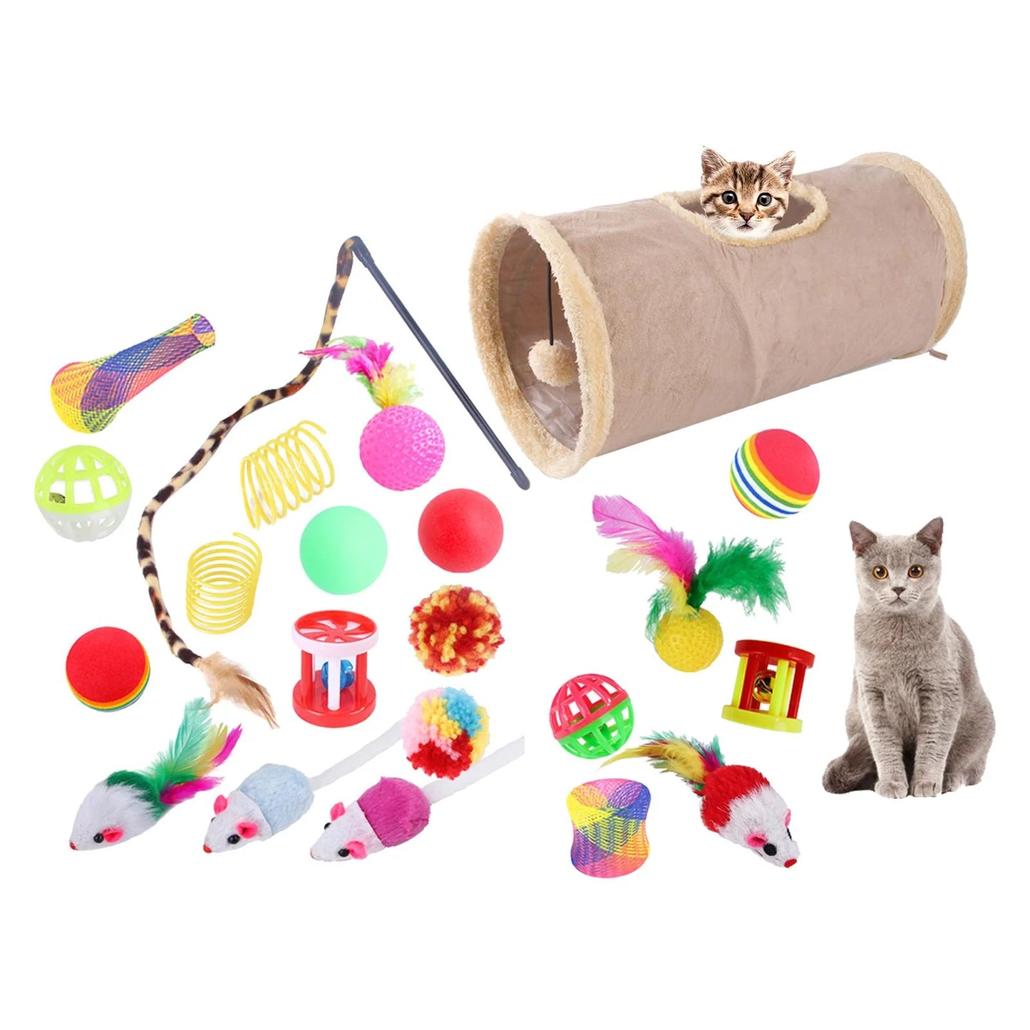 22 Piece Cat Toys Kitten Toys Assortments Tunnel Mice Interactive Colorful Balls Toy Set for Cat Entertainment Toy Exercising , Khaki A-Khaki-22Pcs
