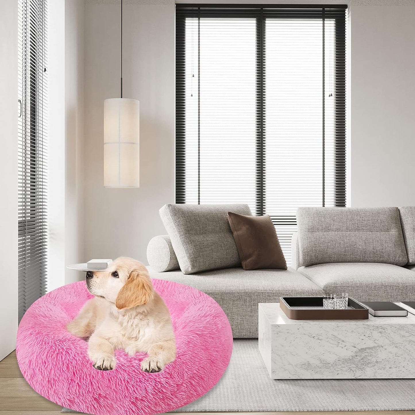 Dog Bed & Cat Bed, Calming Anti-Anxiety Donut Dog Cuddler Bed, Machine Washable round Pet Bed, Comfy Faux Fur Plush Dog Cat Bed for Small Medium Large Dogs and Cats (30" X 30", Pink)