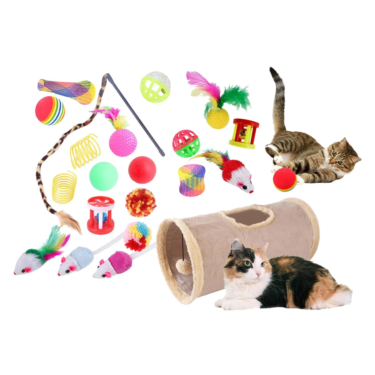 22 Piece Cat Toys Kitten Toys Assortments Tunnel Mice Interactive Colorful Balls Toy Set for Cat Entertainment Toy Exercising , Khaki A-Khaki-22Pcs