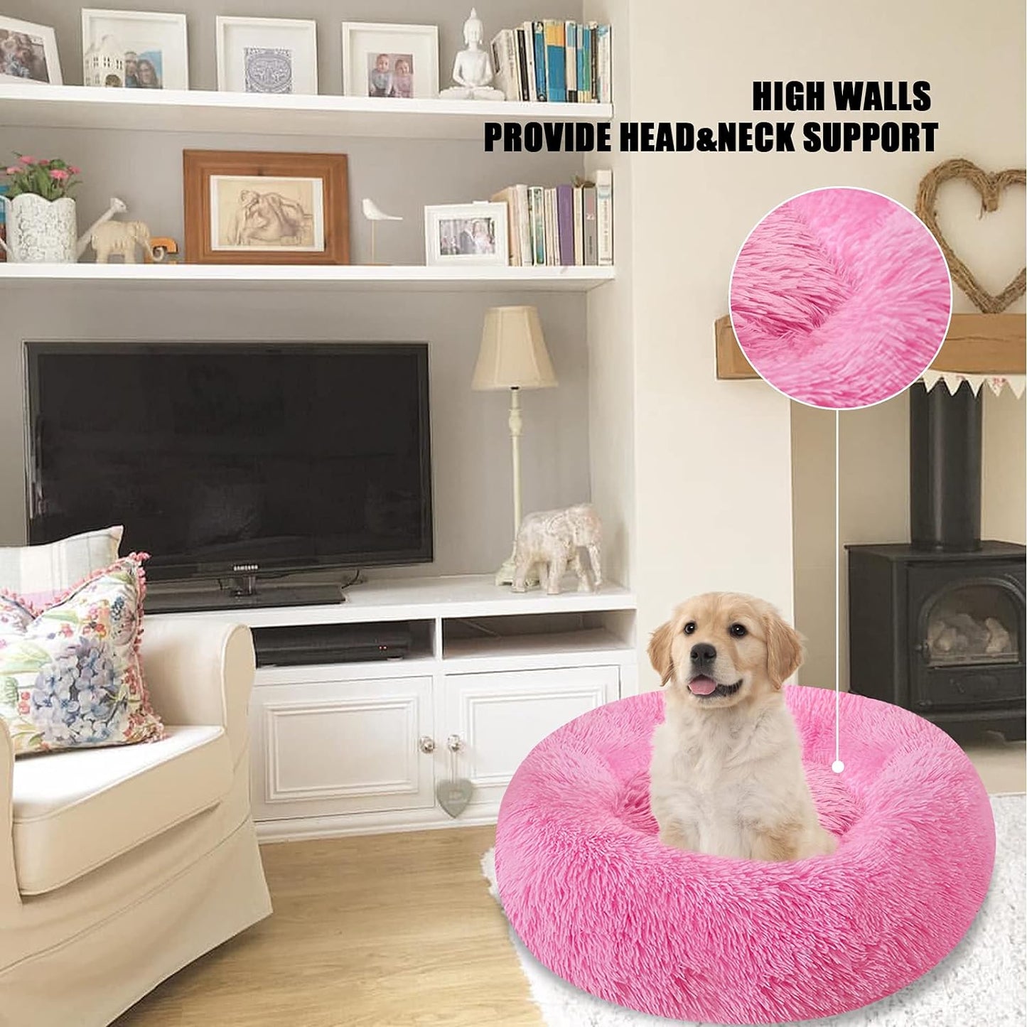 Dog Bed & Cat Bed, Calming Anti-Anxiety Donut Dog Cuddler Bed, Machine Washable round Pet Bed, Comfy Faux Fur Plush Dog Cat Bed for Small Medium Large Dogs and Cats (30" X 30", Pink)