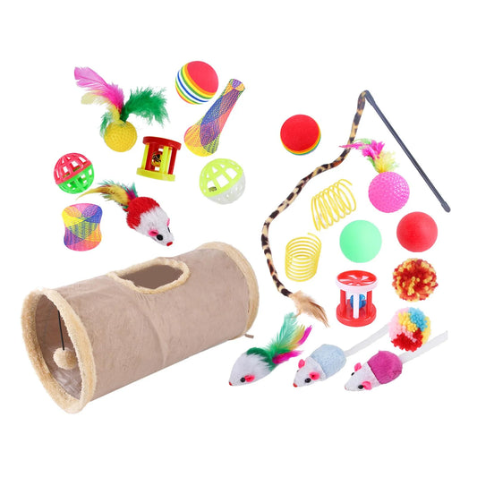 22 Piece Cat Toys Kitten Toys Assortments Tunnel Mice Interactive Colorful Balls Toy Set for Cat Entertainment Toy Exercising , Khaki A-Khaki-22Pcs